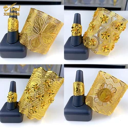 ANIID Dubai Gold Color Chain Cuff Bangle & Ring For Women Adjustable Indian Arabic Charm Bracelet Nigeria Wedding Jewelry Gifts