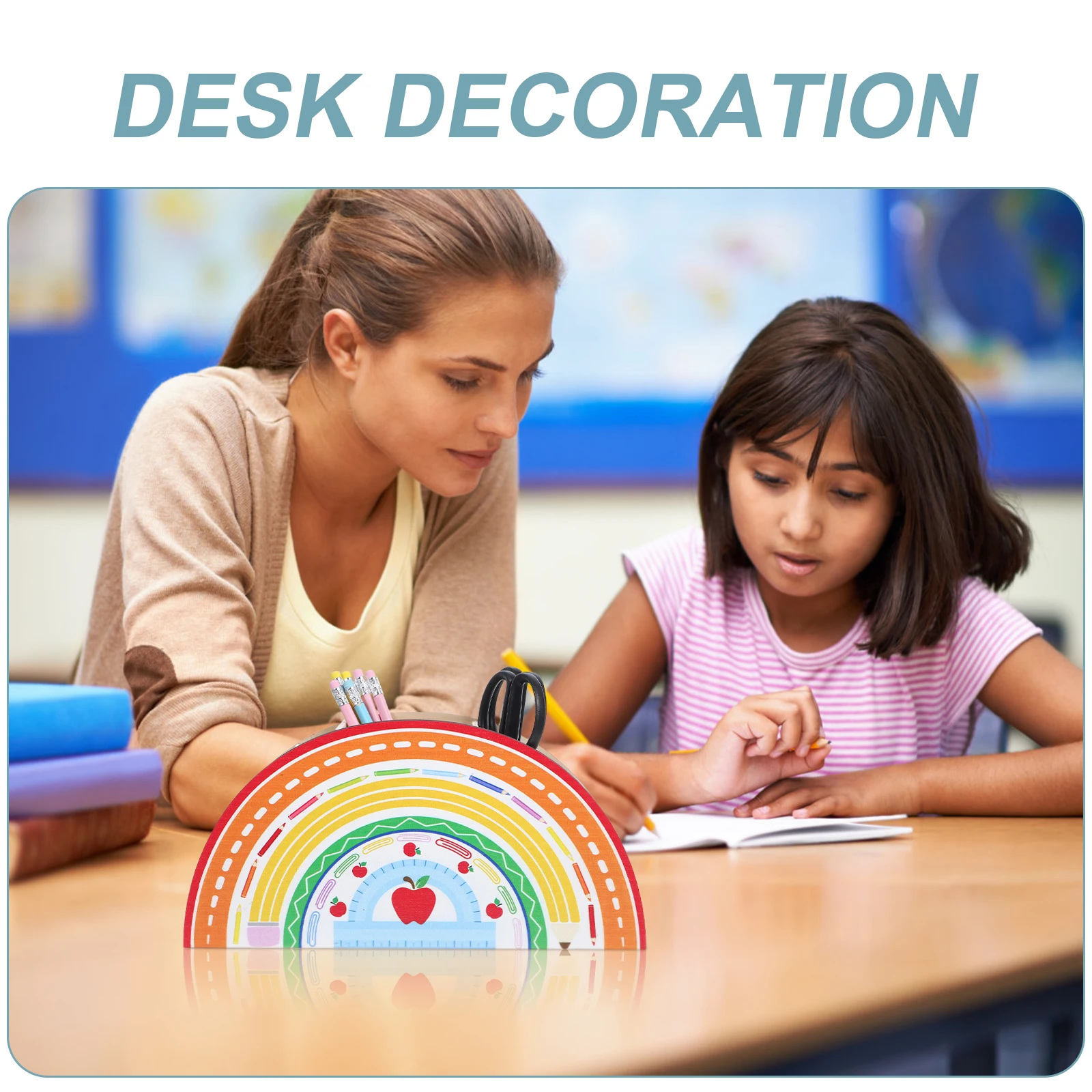 

Wooden Rainbow Desk Organizer Multi-Function Pen Holder Decorative Pencil Holder for Classroom Office Supply Storage