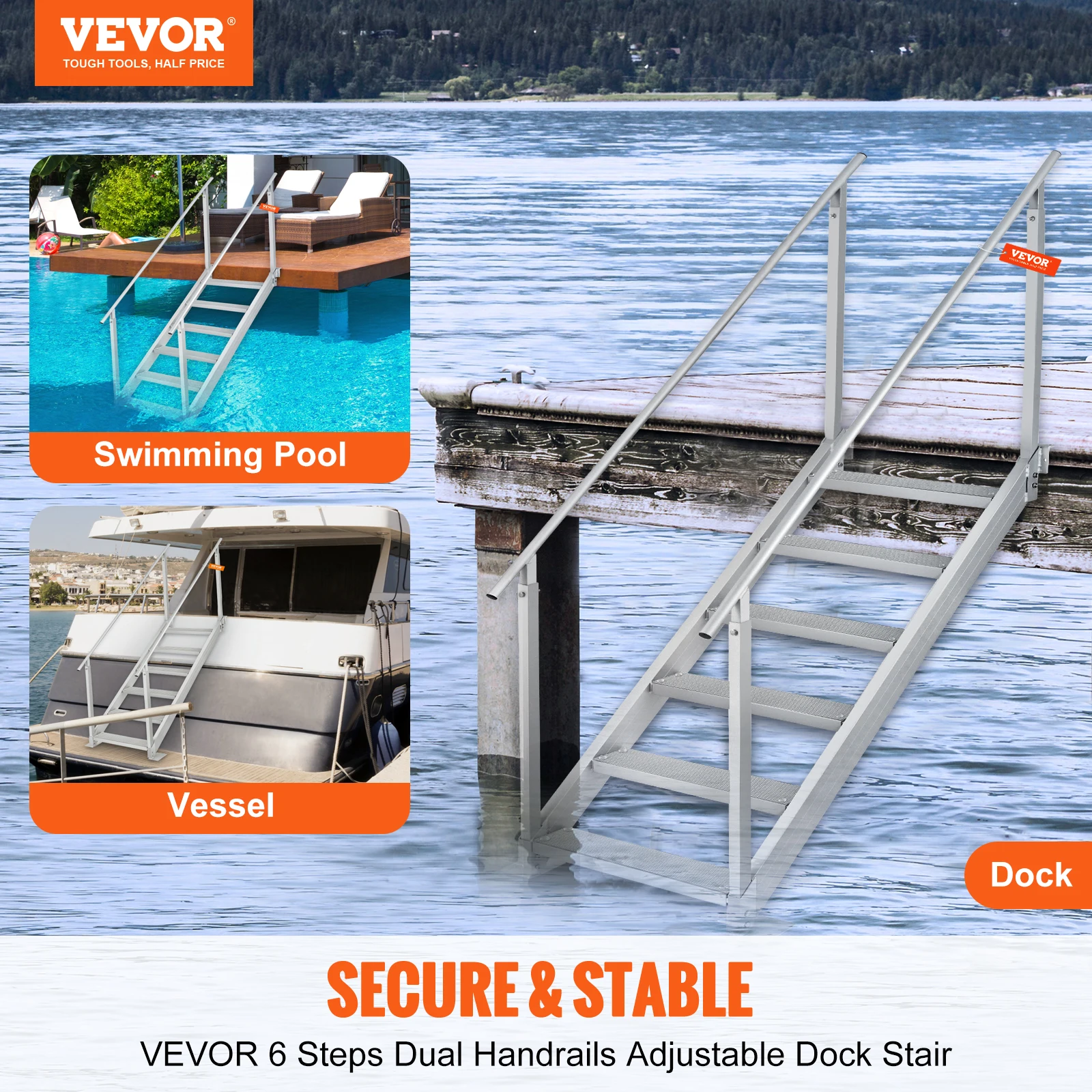 VEVOR 4/6 Step Dual Handrails Dock Ladder Aluminum with Rubber Mat 30