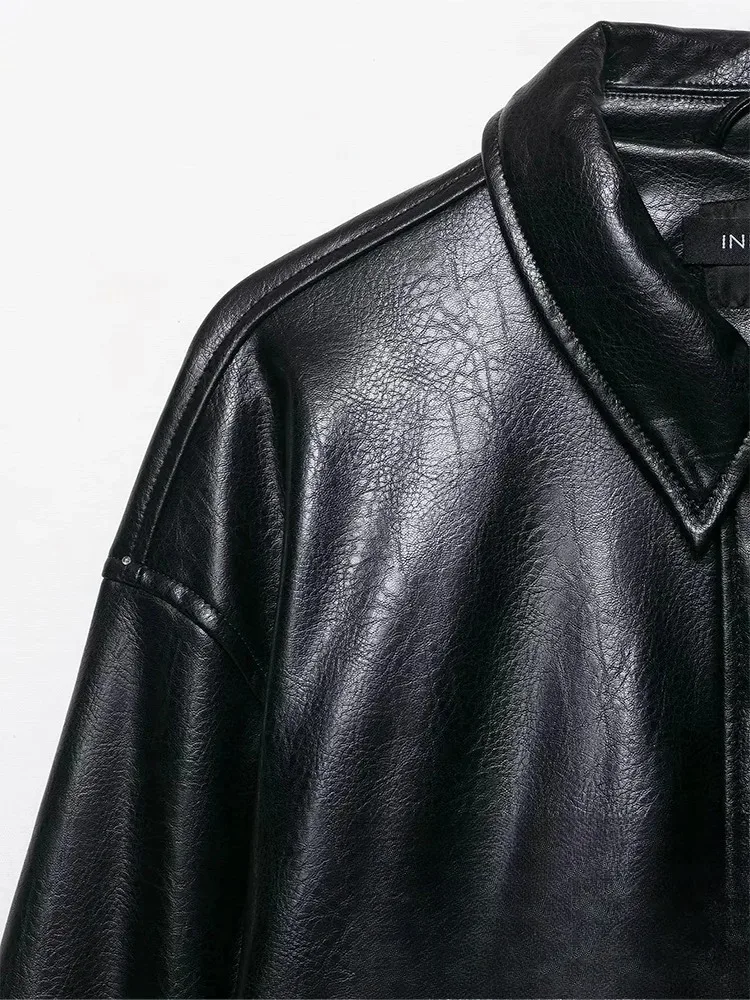 KONDALA Casual Chic Giacca in pelle nera Tasche da donna Manica lunga Cappotti con cerniera Moda 2025 Autunno Inverno Streetwear Outwears