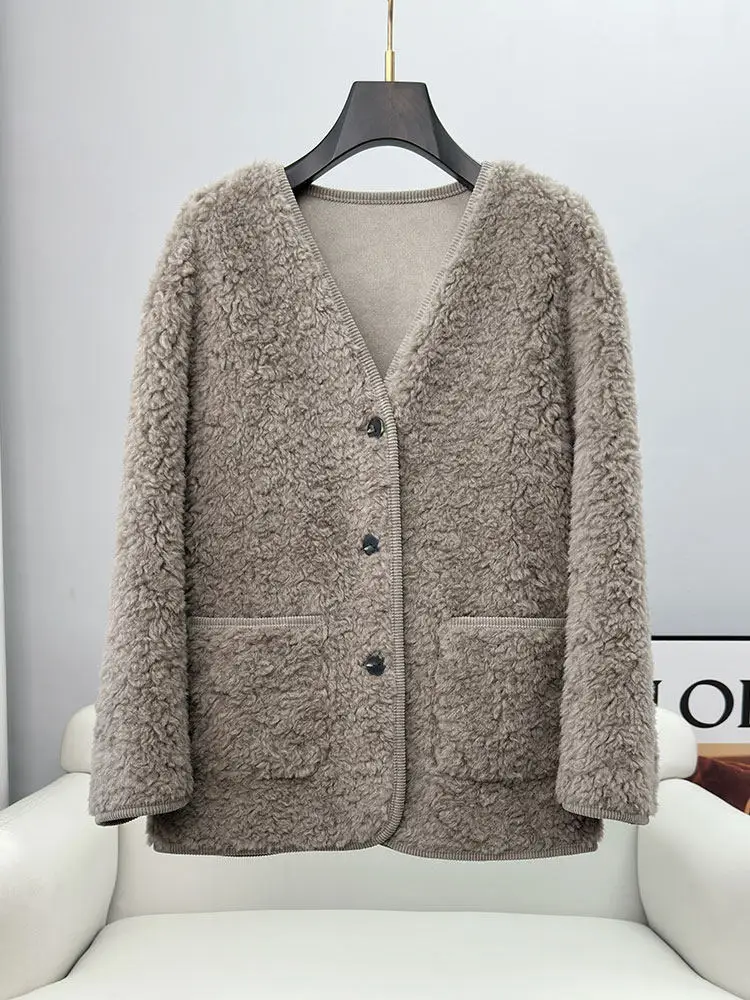 Australischer 100-Lammfellmantel 2025 Winter neuer Stil Pelz integrierter Pelz Damen mittellanger Schaffellschnitt V-Ausschnitt