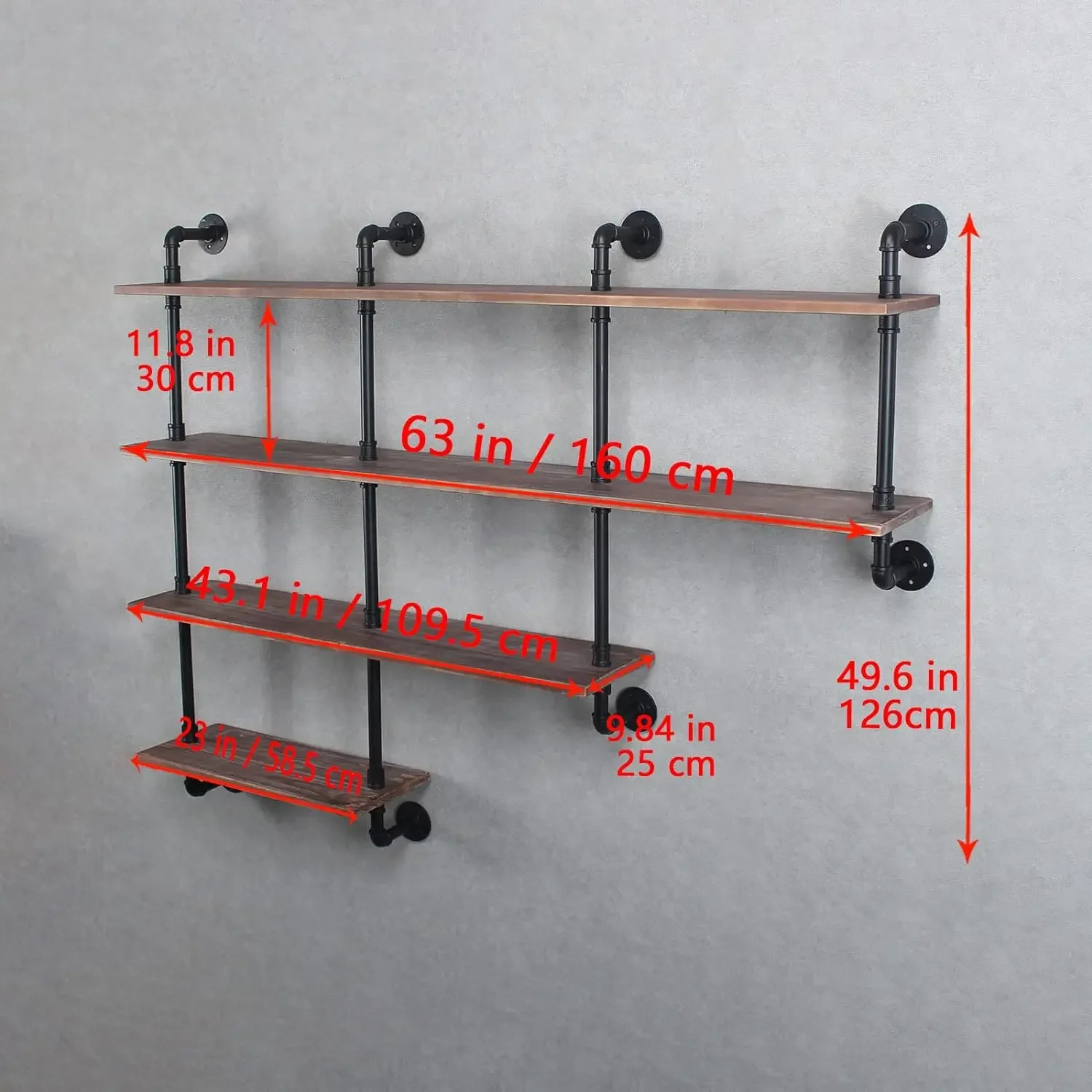 工業用チューブ本棚、素朴な木製と金属のフローティング本棚、家の装飾、ヴィンテージブラウン、4階建て、63インチ