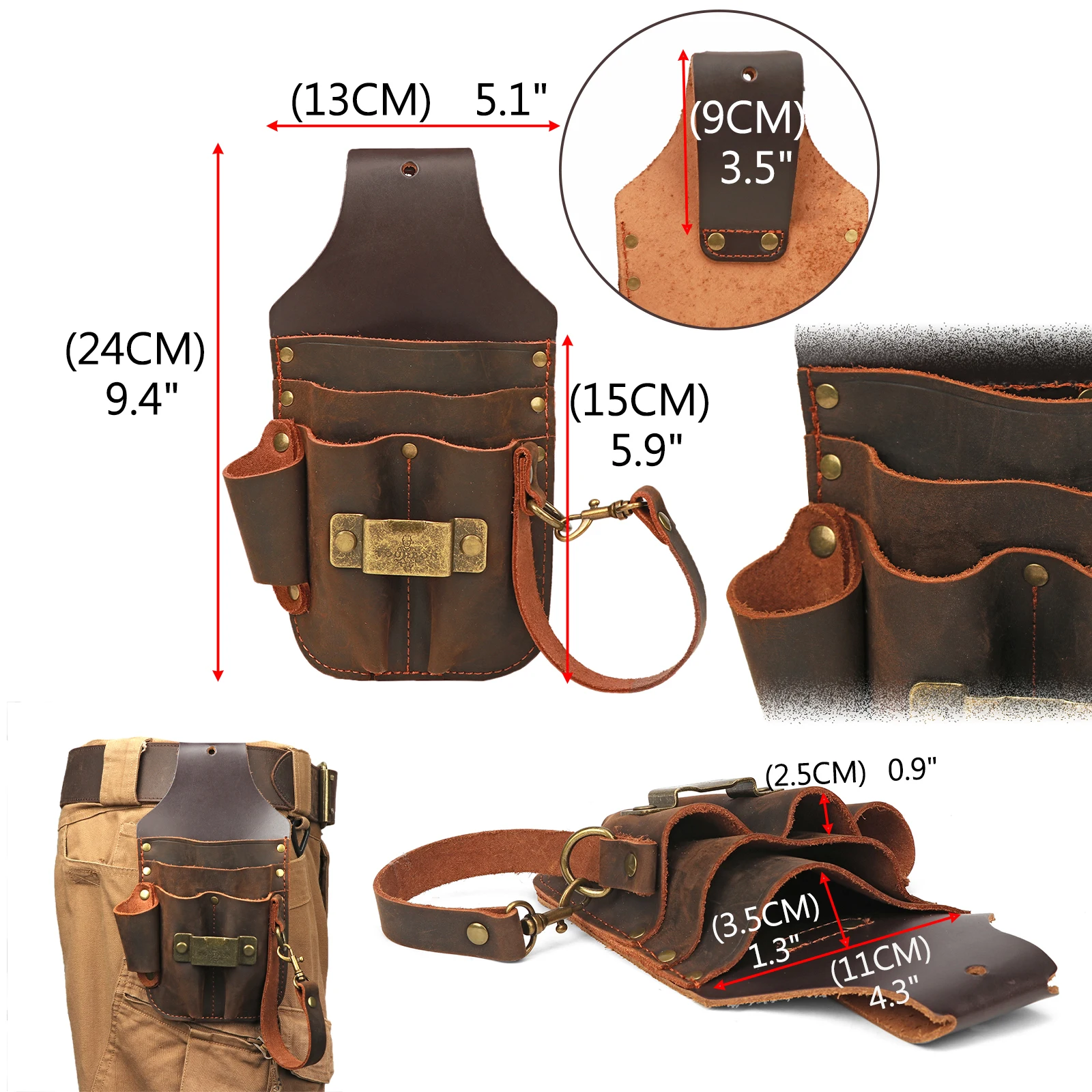 Tourbon Leather Tool Organizer Pouch for Belt Electrician Waist Bag Hammer/ Tape Measure Holde Tools Carrier Brown Woodworking