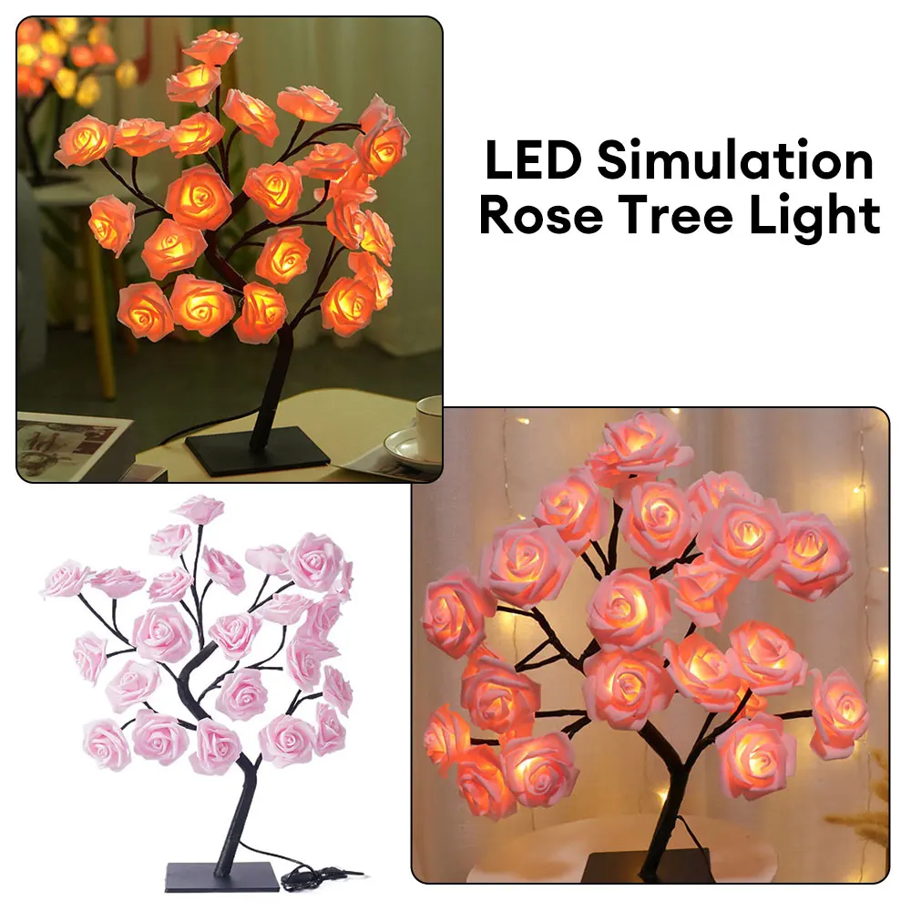 24 LED Rose Flower Tree Table Lamp USB Novidade Desk Lamp Soft Light Rose Fairy Light para o Natal Wedding Bedroom Decoration