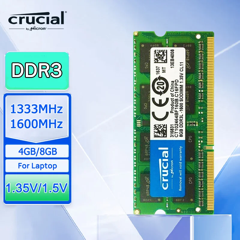 Crucial Laptop Memory DDR3/DDR3L 1.5V/1.35V 1333/1600MT/s MHz 4GB 8GB RAM 204pin SO-DIMM Memory Stick for Laptop Notebook