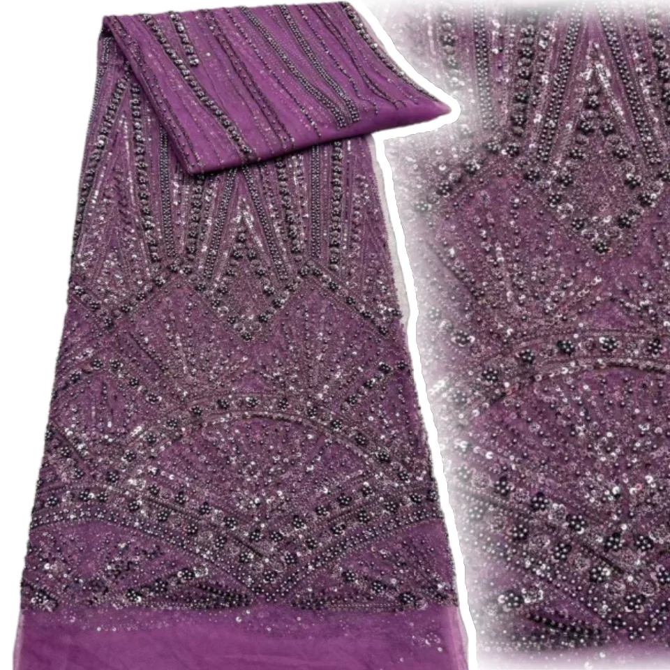 

African Lace Fabric 2025 Handmade Beaded Lace Fabric France Sequins Nigerian Embroidery Bridal Mesh Lace Fabric for Sewing Z1741