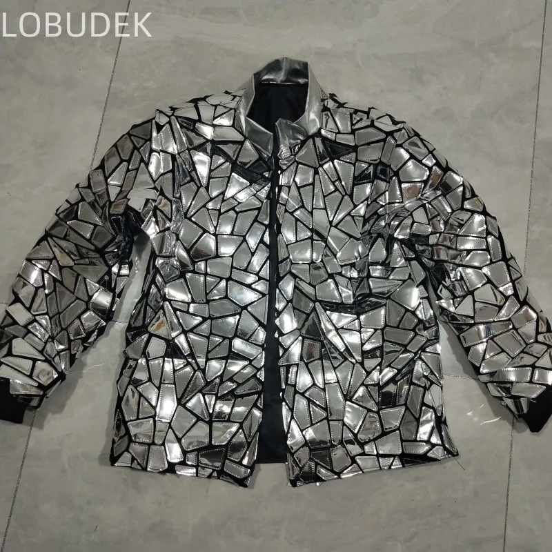 Silver Mirror Jacket Casual Sequins Coat Male Singer Star Stage Performance Costume Long Sleeve Slim