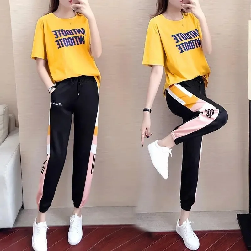 2024 Female Short Sleeved Pant Set Korean Ladies Fashion Loose Two Piece Set Spring Summer Women Trend Leisure Motion Outfit