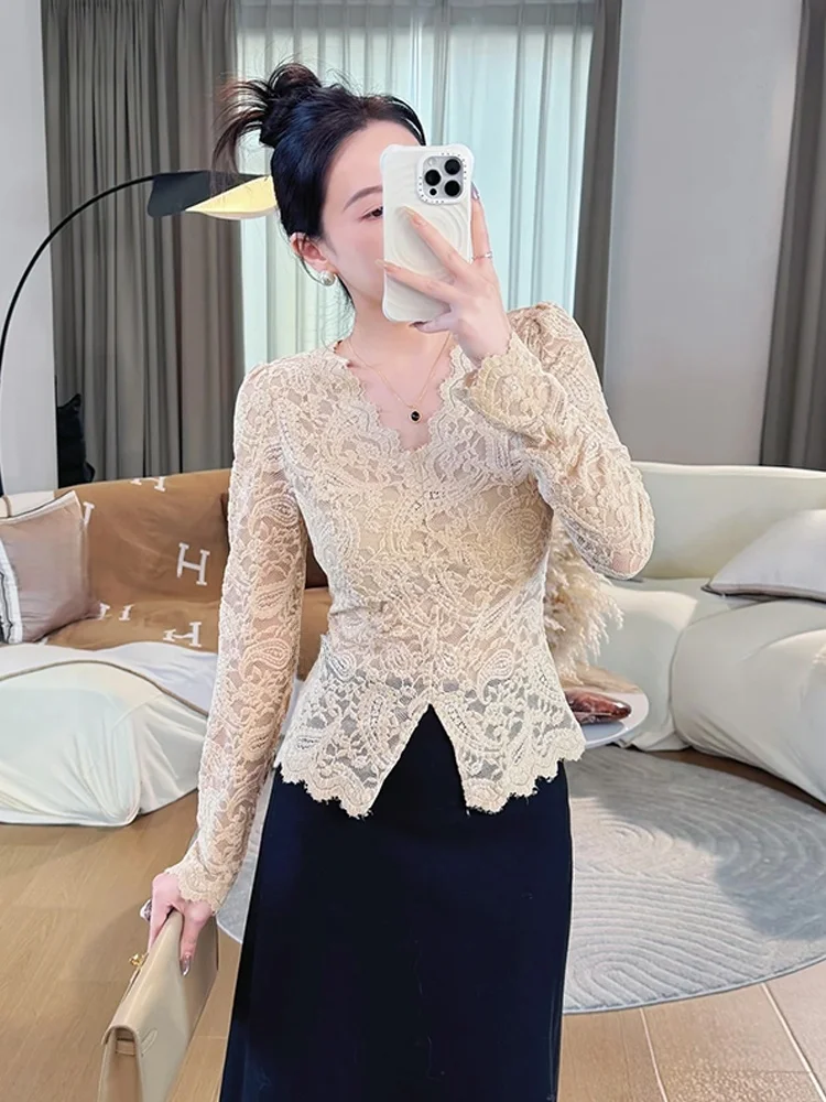 

Retro Lace Hook-Design V-Ne ort Top Women's Slim Fit Autumn Winter Faion Unique Base irt Inner Wear Casual Top