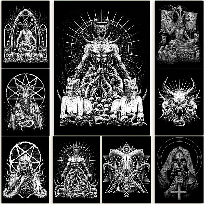 Gothic Style Satanic Poster Demon Lucifer Gothic 666 Satan Baphomet Canvas Painting Wall Art Picture for Living Room Home Decor