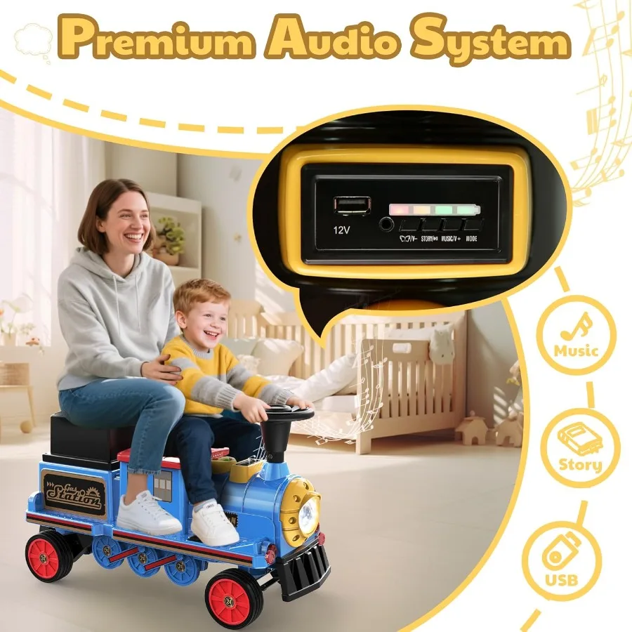 Treno a 2 posti senza tracce, auto per bambini da 12 V con sedile regolabile in altezza, spazio di archiviazione aggiuntivo, faro (trasporto non incluso)