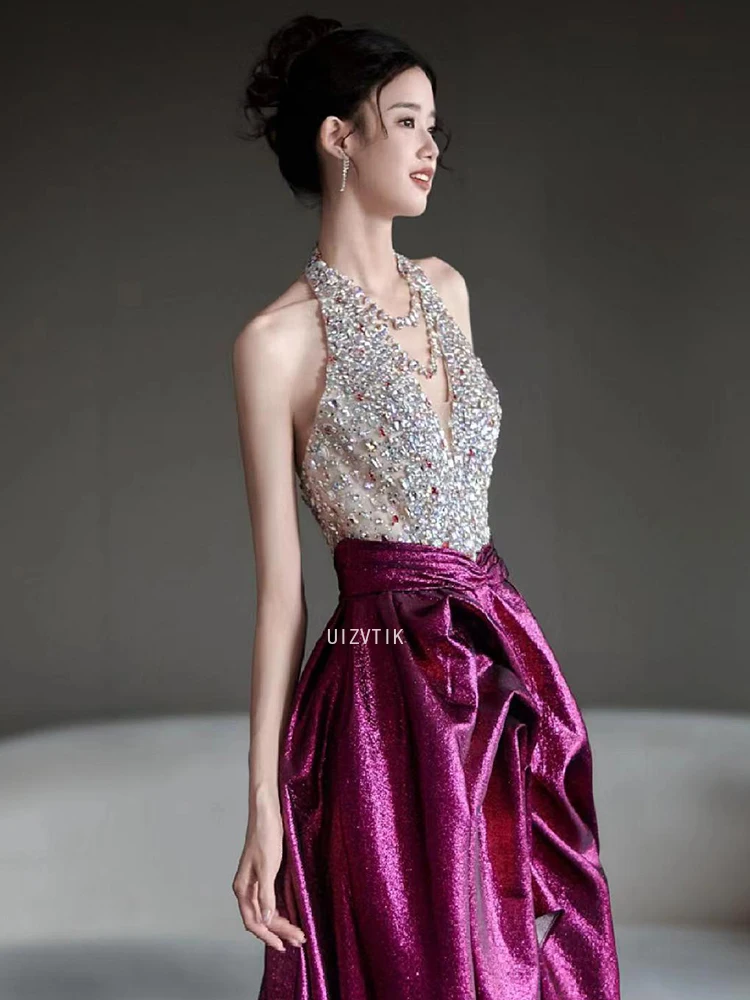 Lichte luxe beroemdheidsfeestjurken Kralen Halter Ruglooze pailletten Vloerlengte Zijde Satijn Vrouw High-end bruiloftsgalajurken