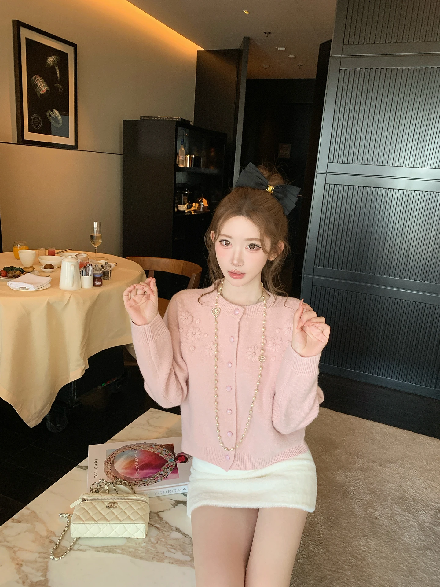 

Chen DaYu Women's Thiened Knitted Pink Sweater Coat Casual Commute Sle Long Sve round Ne ort Length Plant Floral P...