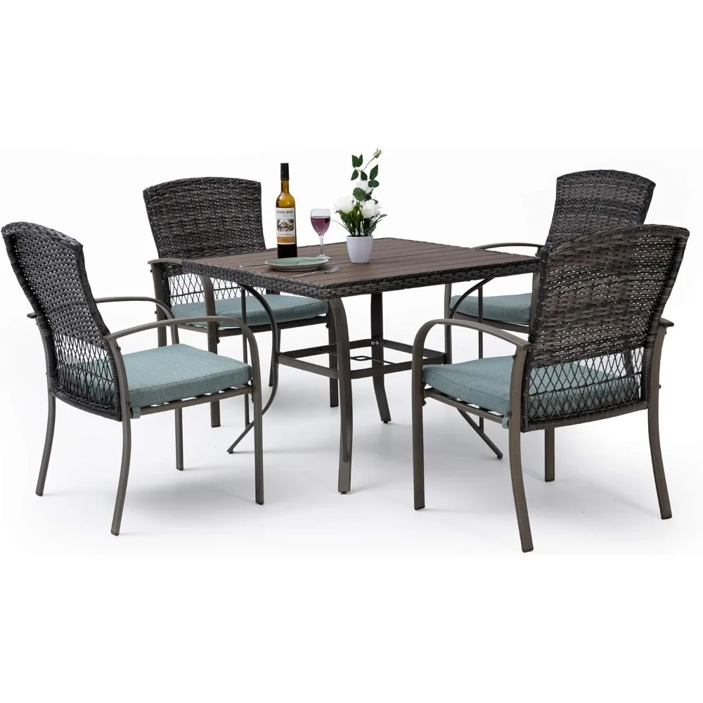 طقم طعام فناء مكون من 5 قطع مقاوم للطقس باللون الأخضر مع طاولة وكراسي من الروطان PE، وسائد مريحة، سهلة الصيانة