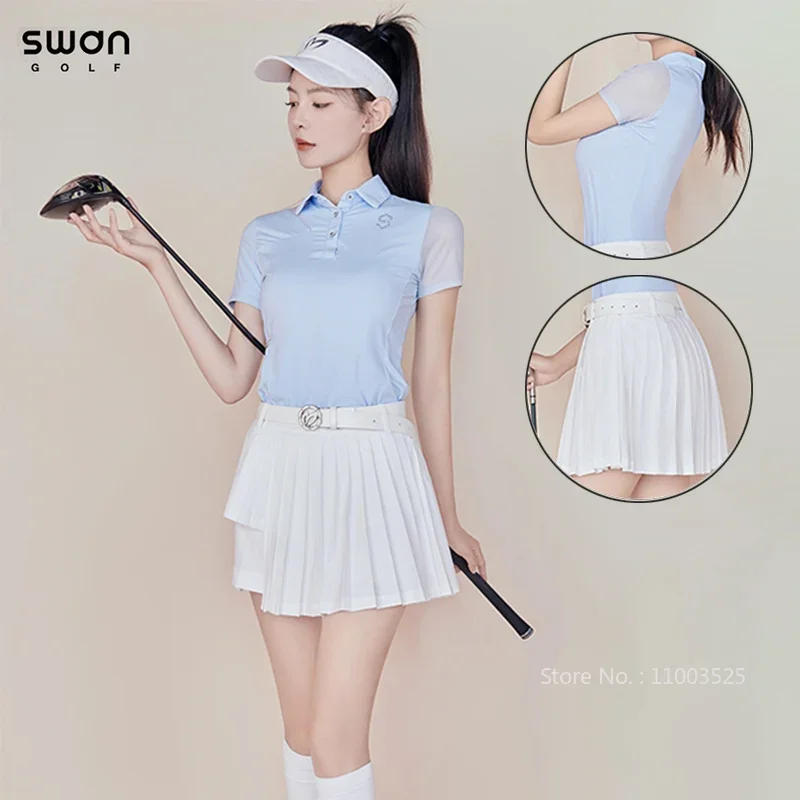 

SG Ladies Short Sleeve Golf Polo Shirt Breathable Elastic Sport Tops Women Quick Dry Pleated Skirt High Waist A-line Culottes