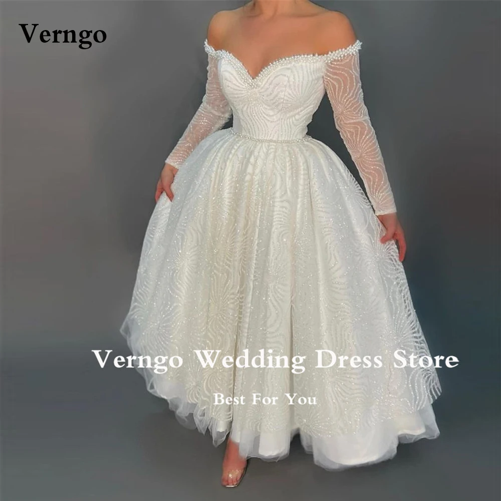 

Verngo Sparkly Lace Pearls Wedding Dresses Pearls Off Shoulder Long Sleeves Fluffy Ankle Length Glitter Bridal Gowns Plus Size