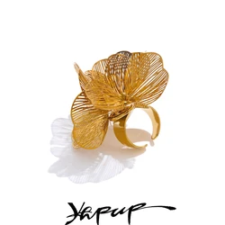 Yhpup Exclusive Stainless Steel Metal Flower Adjustable Ring Women Hyperbole Personality Fashion Finger Jewelry Gift PVD Plated