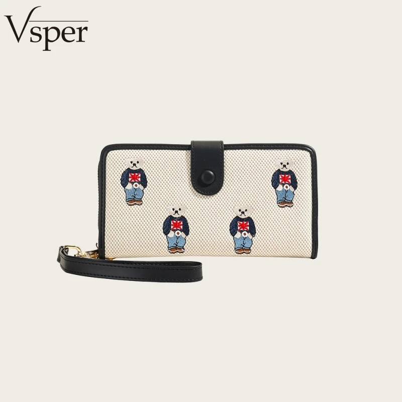 

Vsper Branded Cartoon Bear Embroidered Small Wallets And Coin Purses For Women Two-sized Casual Street Multi Slots Card Holders
