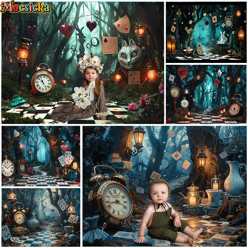 

Mocsicka Photography Background Fantasy Wonderland Forest Playing Card Decor Cake Smash Kids Birthday Party Backdrop PhotoStudio