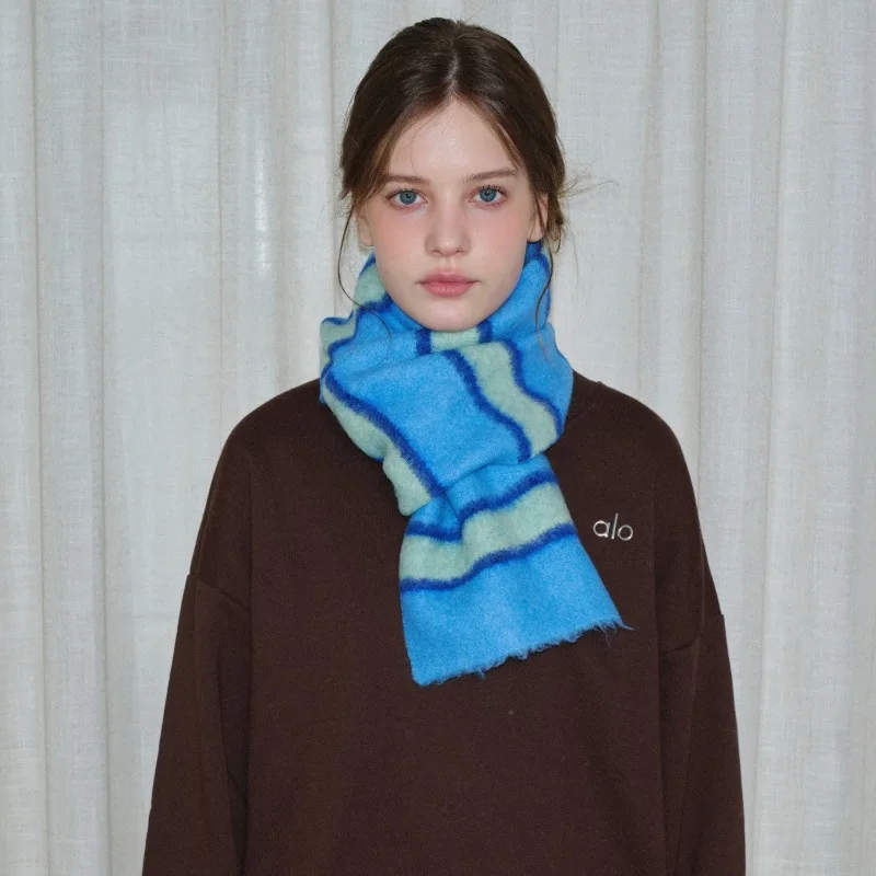 

Korean Style Wool Blend Furry Striped Scarf Women Autumn Winter Small Soft Neck Warmer Muffler Female High Quality Thermal Wrap