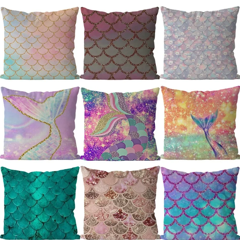 Watercolor Rainbow Throw Pillow Covers Mermaid Scales Pearly Ocean Cushion Cover Flash Fish Scale Bed Sofa Birthday Home Decor