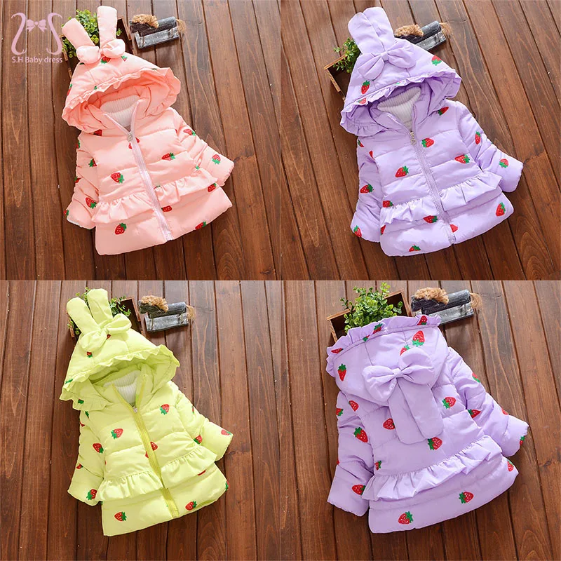 Sweet Strawberry Baby Girl Cotton Coat Winter Long Sleeve Warm Windproof Down Kids Hooded Jacket Toddler Children Clothes