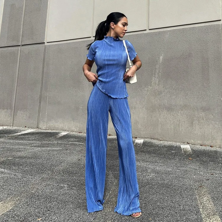 

Summernew arrivalslimming lookt-shirthigh waist blue pleated mop pantscasual women's fashionsuit