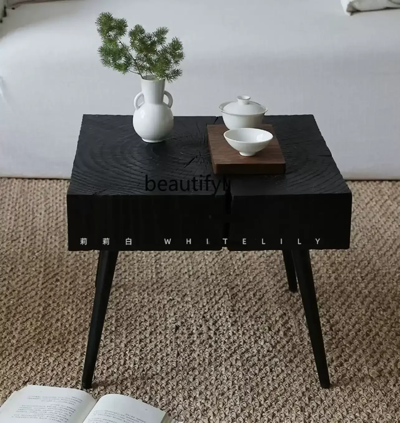 Wabi Sabi Furniture Carbonized Wood Edge Bed and Breakfast Home Decoration Square Solid Wood Small Coffee Table Art Corner