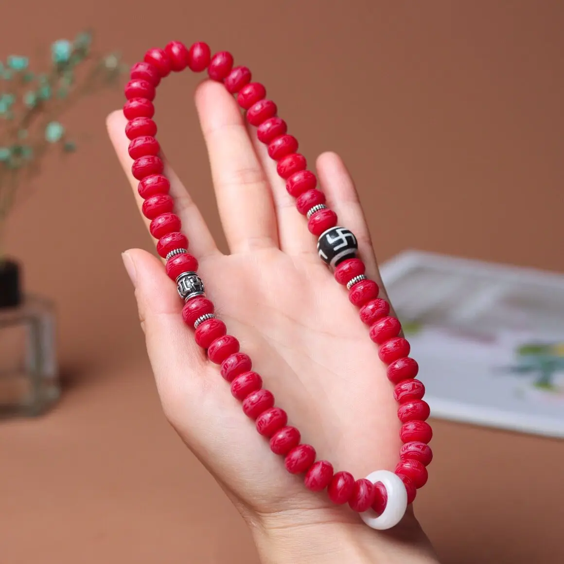 

Jadeized Reflux White Jade Bodhi Seed DIY Bracelet with South Red Agate, Unisex Prayer Bead Gift