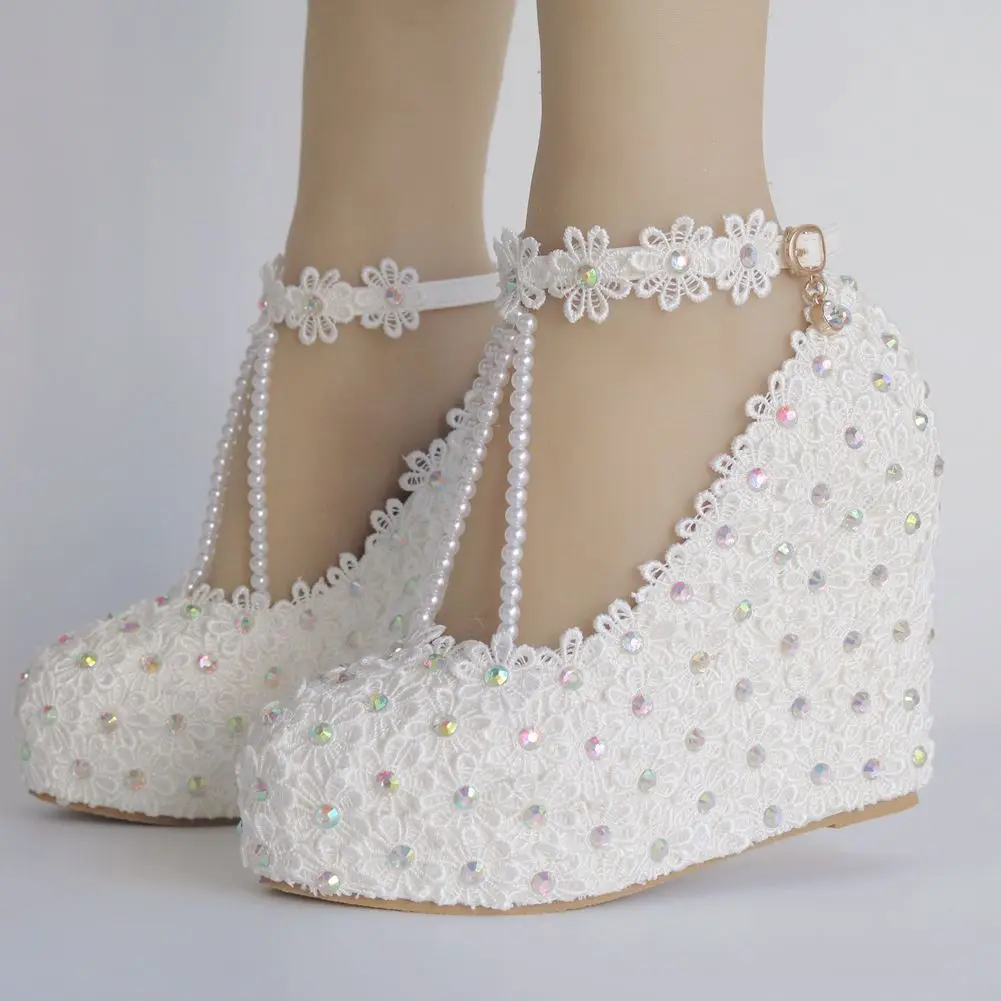 Spring round toe shallow saliva diamond pearl lace slope heel wedding shoes banquet dress large size high-heeled women's shoes