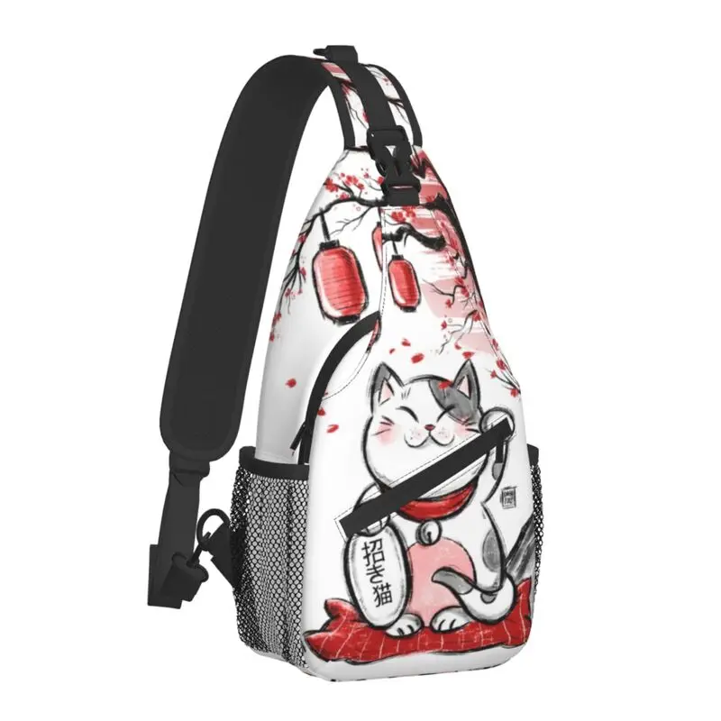 Maneki Neko Sakura Flowers Sling Bag for Cycling Camping Lucky Cat Cherry Blossom Chest Crossbody Backpack Shoulder Daypack