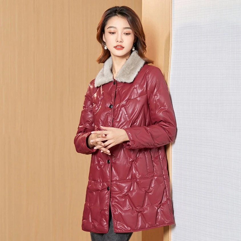 

Autumn And Winter New Medium Long Leather Coat Add Thick Warm Casual Show Thin Cover Meat Coat Loose PU Leather Woman