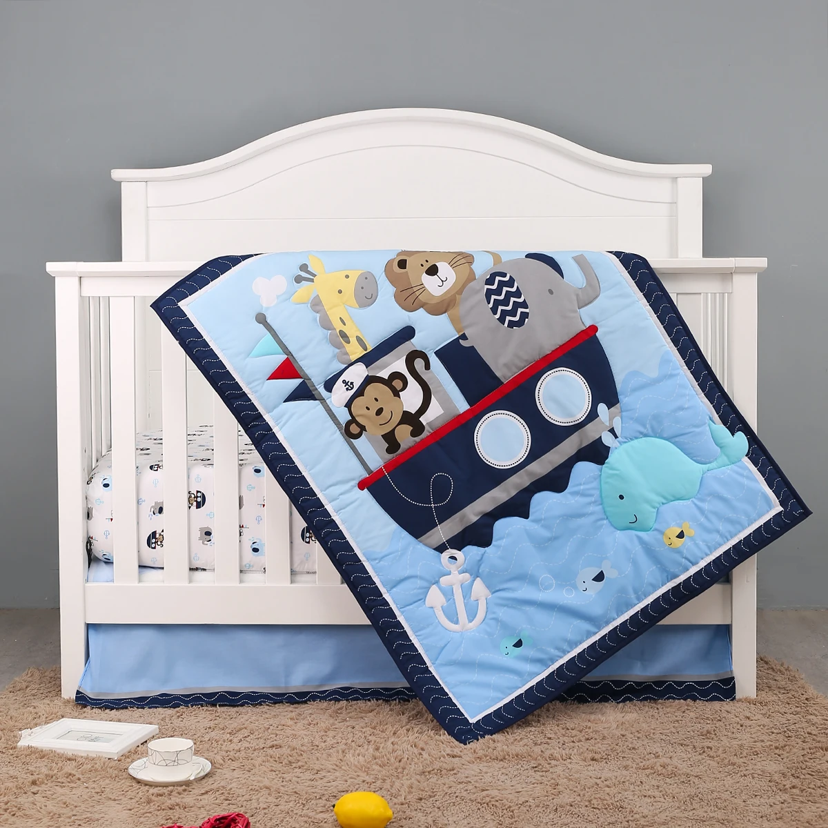 

free shipping 4PCS Baby cot bedding sets cotton blue sea animal crib set include comforter,crib sheet,skirt, bumper for boy girl