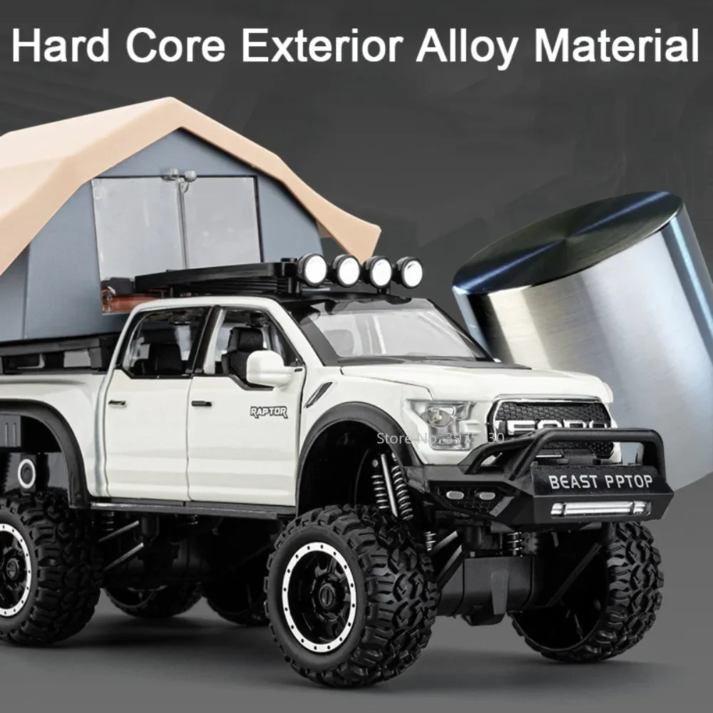 1:24 Raptor F150 Alloy Diecast Toys Cars Miniature Models with Sound Light Camping RV Wheel Pull Back Vehicle Boys Birthday Gift