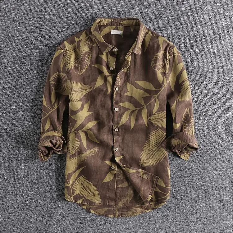Leaf Print Fashion Trend Spring and Summer Youth Shirt Fashion Retro Lapel Men Centre-sleeve Button Cardigan