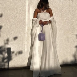 CustomizedWhite Strapless Spaghetti Straps Jersey Evening Dress Elegant Floor Length Formal Straight Long Sleeves Sweep Train Pl