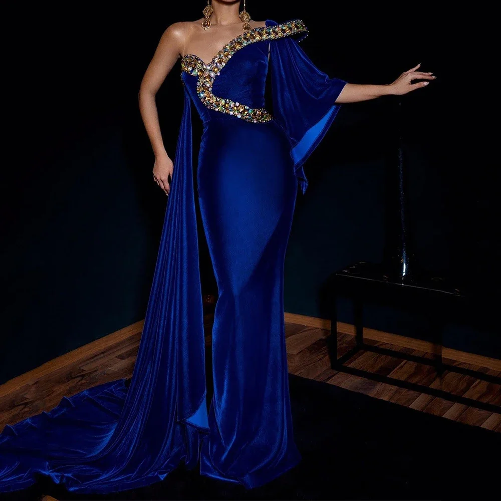 

Luxury Velvet One Shoulder Evening Dress with Crystal Three Quarter Flare Sleeve Mermaid Floor Length Women Party Custom Gowns