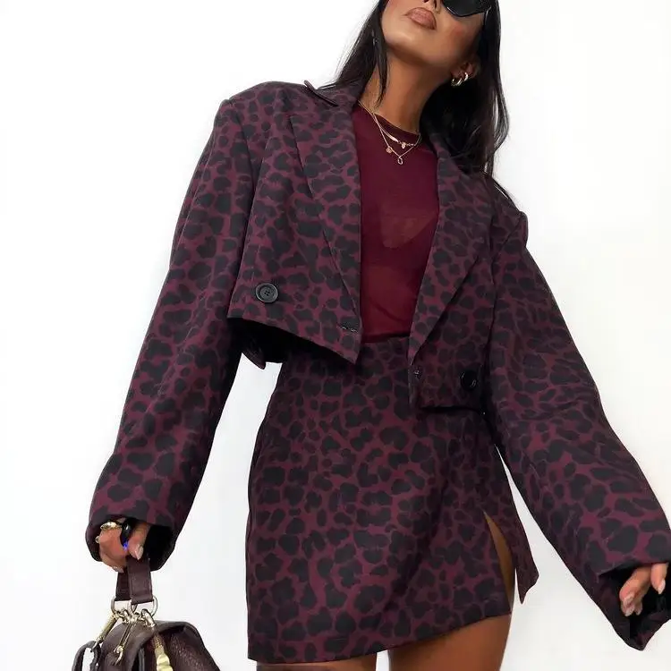 

Ladies' Leopard Print Skirt Set ort Svel High Waist Split ort Skirt Two-Piece Set Faionable Busin Casual Wear