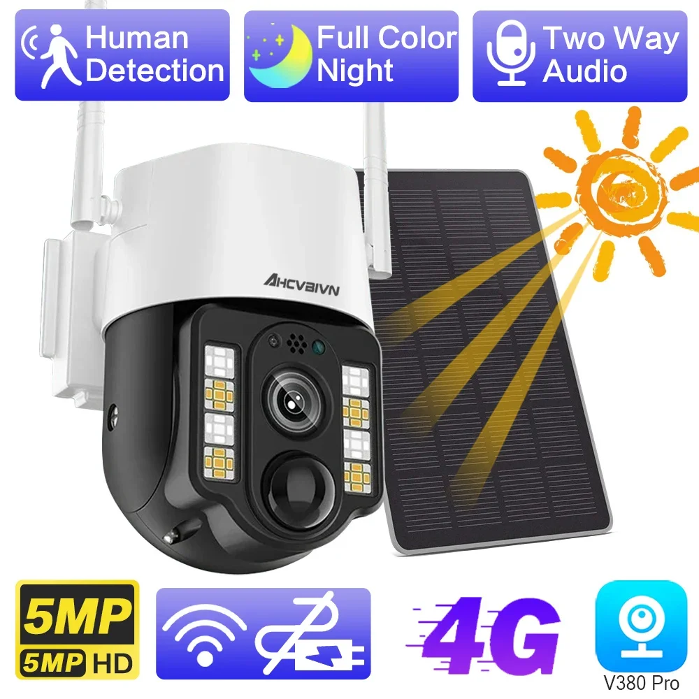 5MP 4G Sim Solar Panel Camera Outdoor CCTV Camara PIR Humanoid Detection Night Vision V380 Security Protection Built in Battery