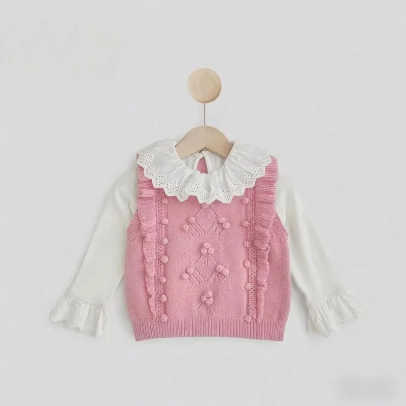 

Girls2025Autumn and Winter New Style Knitted Vest Fashionable Baby Girl Round Neck Solid Color Bow Knitted Vest