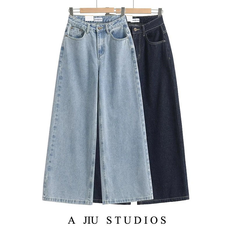 

Синие широкие джинсы в американском стиле ретро, женские свободные тонкие прямые брюки длиной до пола с высокой талией, повседневные длинные джинсы с низкой талией