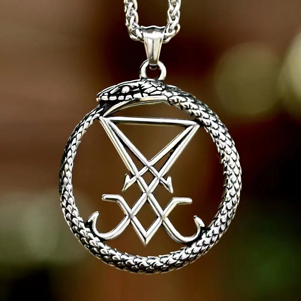 Unique Design Stainless Steel Round Snake Lucifer Satan Signet Pendant Cool Jewelry For Men GIFT free shipping