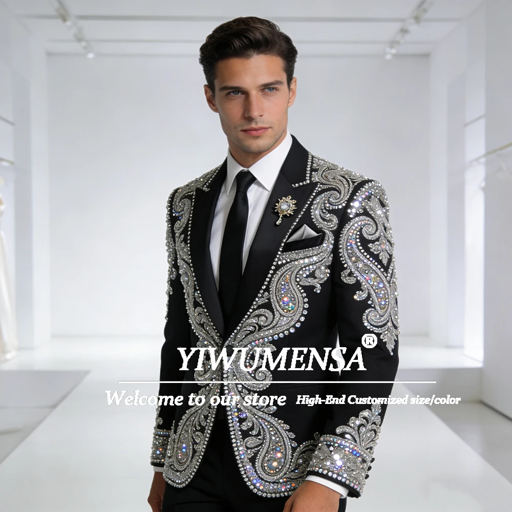 

Эксклюзивный дизайн, свадебные костюмы для мужчин, камни с бриллиантами, пиджаки для жениха, индивидуальный комплект из 2 предметов, мужские модные смокинги, наряды