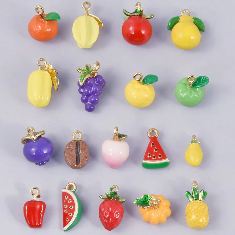 5/18pcs 3D Fruit Vegetables Honey Peach Grape Lemon Tomato And Chili Charm Enamel Pendant Jewelry Necklace Bracelet Making Bulk