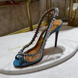 Rhinestone Blue Transparent Open Shoes For Women Round Toe Stiletto Ankle Wrap Heel Sandals Fashion Party Dress Summer Sandals