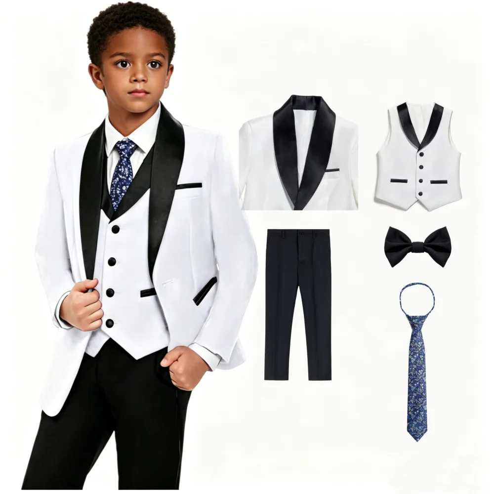 Conjunto de Traje de Lujo de 5 Piezas para Niño, Chaqueta, Chaleco, Pantalones, Corbata de Moño, Traje de Boda para Niños, Traje de Comunión, Esmoquin para Recital de Piano