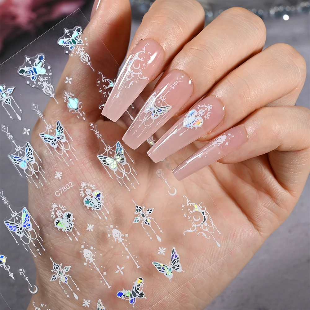 1Pcs Metallic Black/White Butterfly 3D Nails Stickers Lase Butterflies Self-Adhesive Slider Sparkly Catcher/Star Manicure Decals image 2