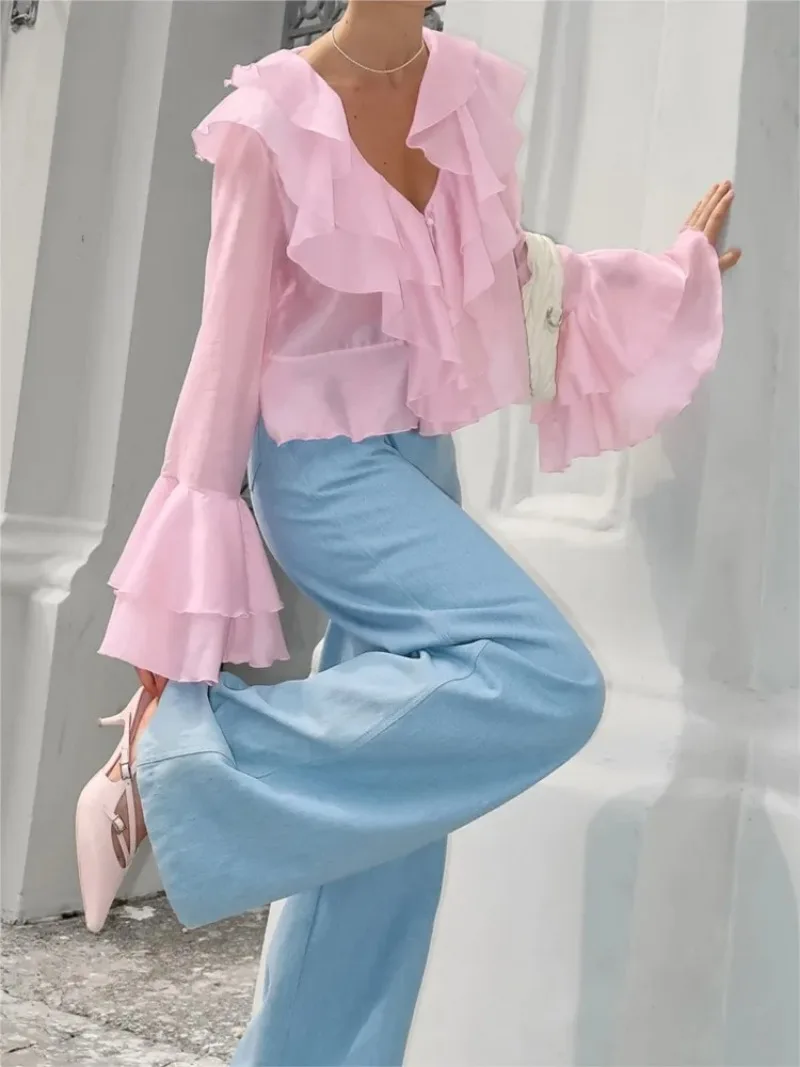Pink Chiffon Shirt For Women 2025 Fashion Spring Summer With Layered Ruffle Edges V-neck Trumpet Sleeves Short Blouse Streetwear