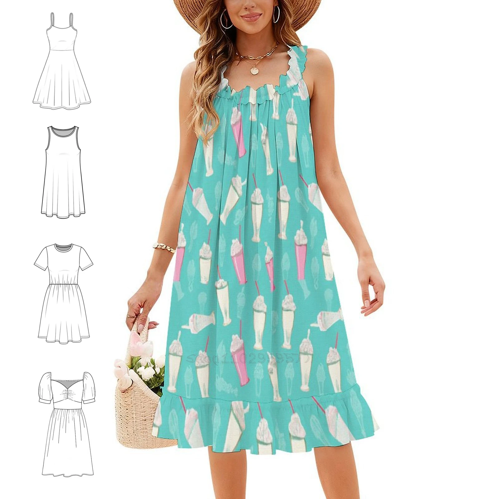 Milkshakes Pattern Korean Style Casual Dress For Women Simple Daily Office Lady Dresses Milkshakes Pattern Diner Zestpond Ice