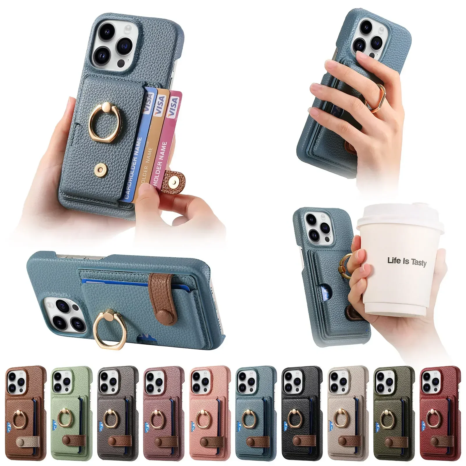 Leather Ring Support Phone Case for IPhone 17 Air 16E 16 15 14 13 12 11 Pro Max XS Plus Wallet with Card Holder Shockproof Cover